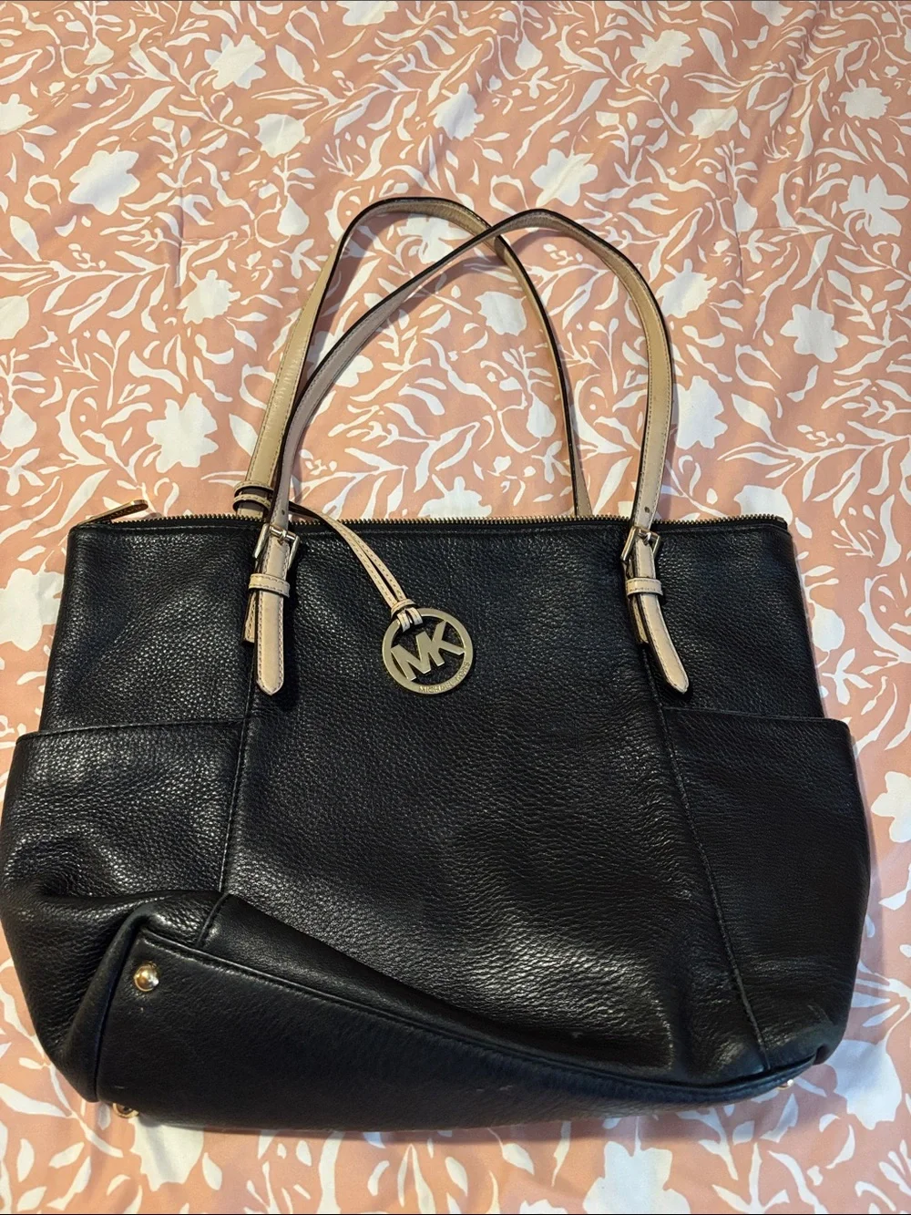 Michael Kors Black Pebbled Leather Tote with Light Beige Handles